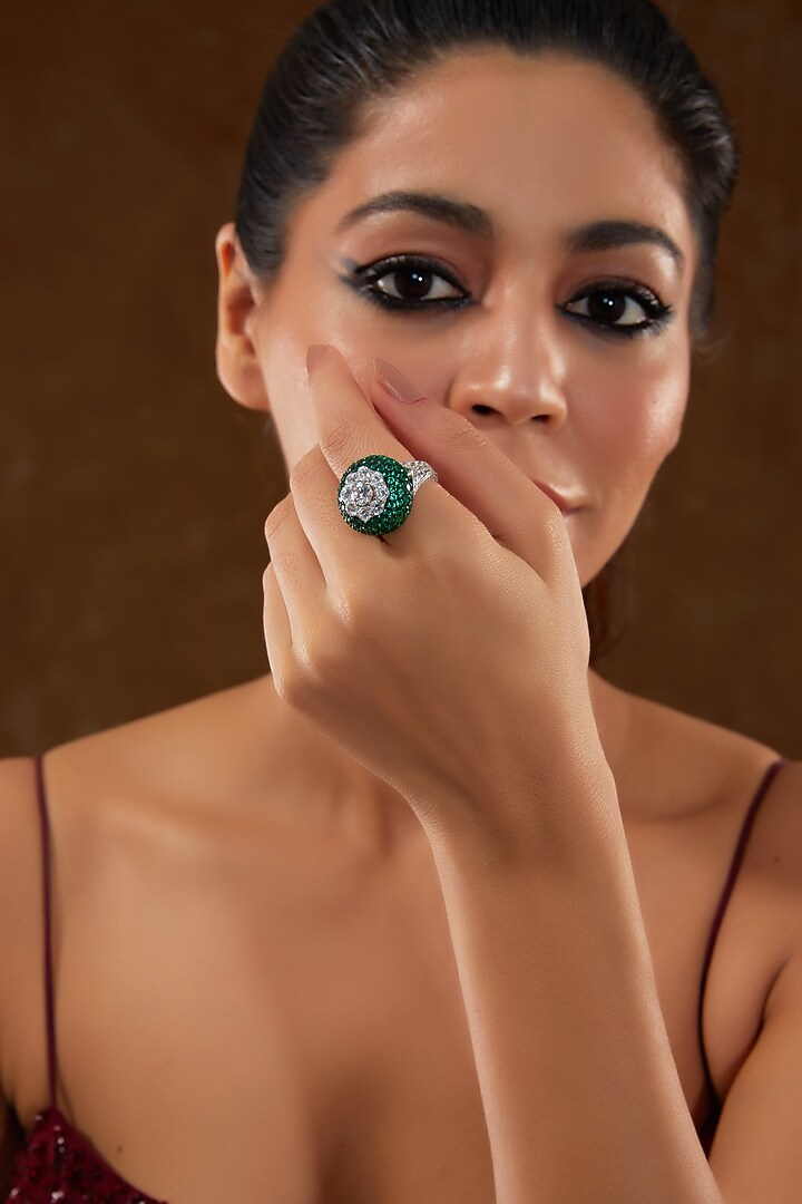 White Gold Finish Zircon & Synthetic Emerald Stone Ring In Sterling Silver by STELLA CREATIONS at Pernia's Pop Up Shop