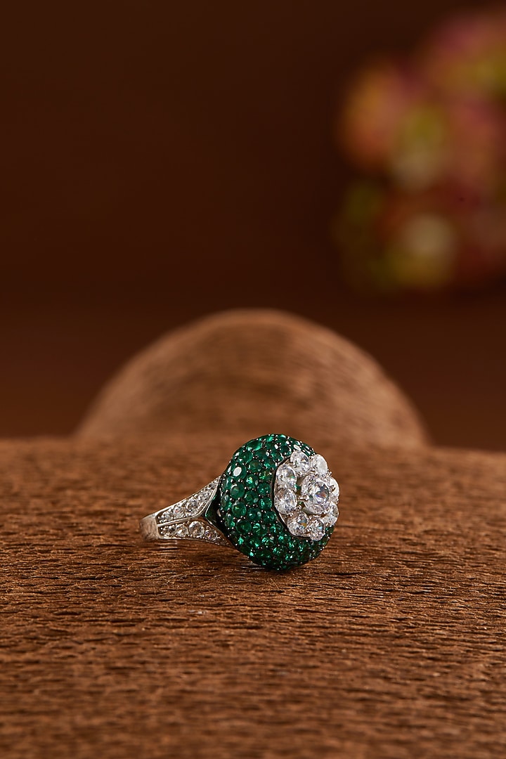 White Gold Finish Zircon & Synthetic Emerald Stone Ring In Sterling Silver by STELLA CREATIONS at Pernia's Pop Up Shop