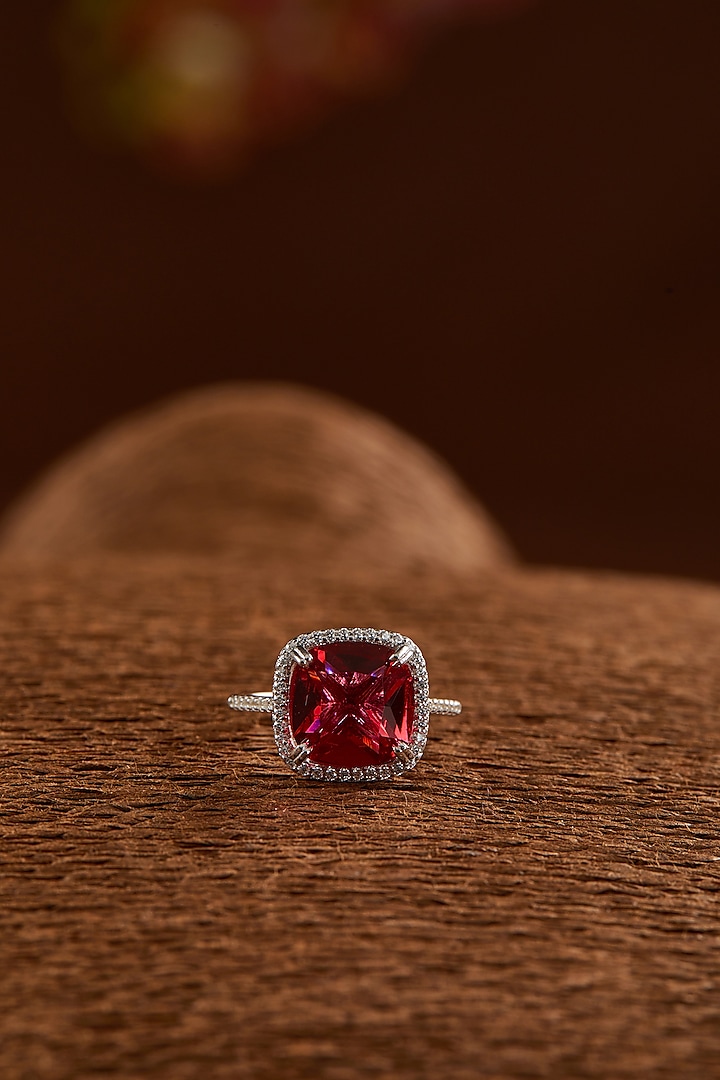 White Gold Finish Zircon & Synthetic Ruby Stone Ring In Sterling Silver by STELLA CREATIONS at Pernia's Pop Up Shop
