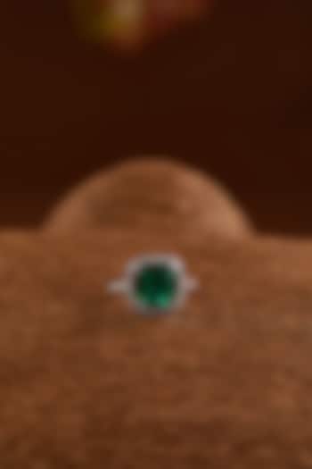 White Gold Finish Zircon & Synthetic Emerald Stone Ring In Sterling Silver by STELLA CREATIONS at Pernia's Pop Up Shop