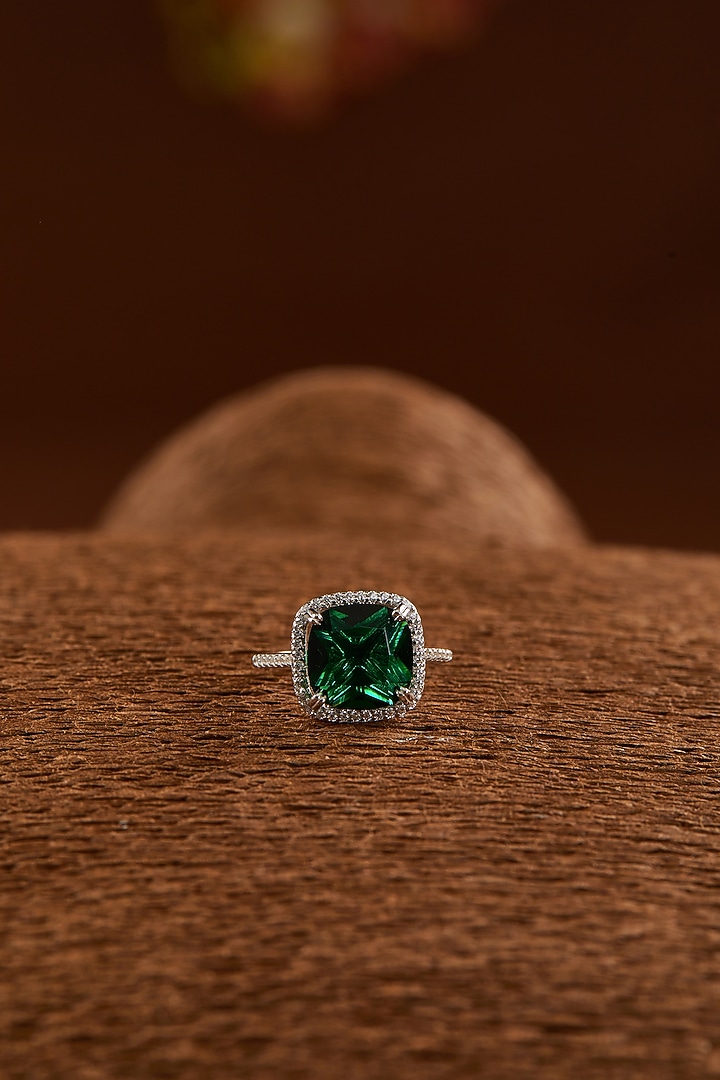 White Gold Finish Zircon & Synthetic Emerald Stone Ring In Sterling Silver by STELLA CREATIONS at Pernia's Pop Up Shop