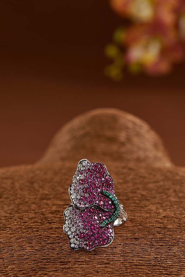 Black Rhodium Finish Zircon & Synthetic Ruby Stone Ring In Sterling Silver by STELLA CREATIONS at Pernia's Pop Up Shop