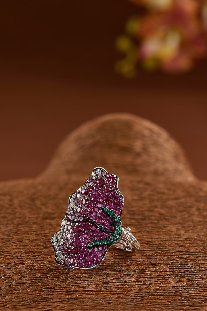 Black Rhodium Finish Zircon & Synthetic Ruby Stone Ring In Sterling Silver by STELLA CREATIONS at Pernia's Pop Up Shop