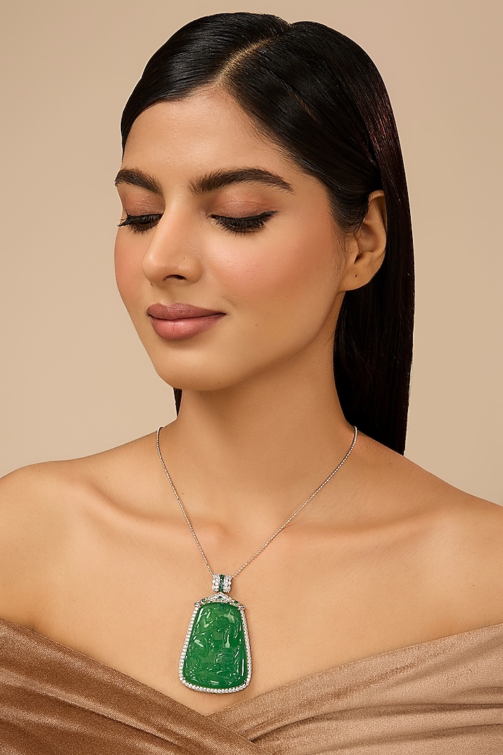 White Gold Finish Eurostar Zircon & Glass-Filled Emerald Stone Pendant Necklace In Sterling Silver by STELLA CREATIONS at Pernia's Pop Up Shop