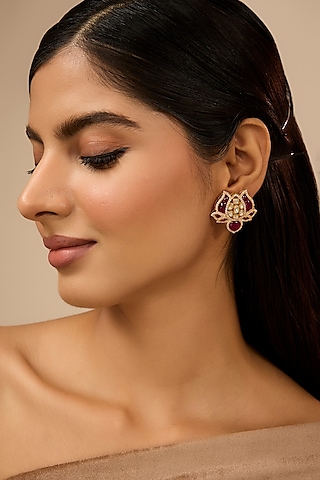 Yellow Gold Finish Moissanite Polki & Glass-Filled Ruby Stone Stud Earrings In Sterling Silver by STELLA CREATIONS