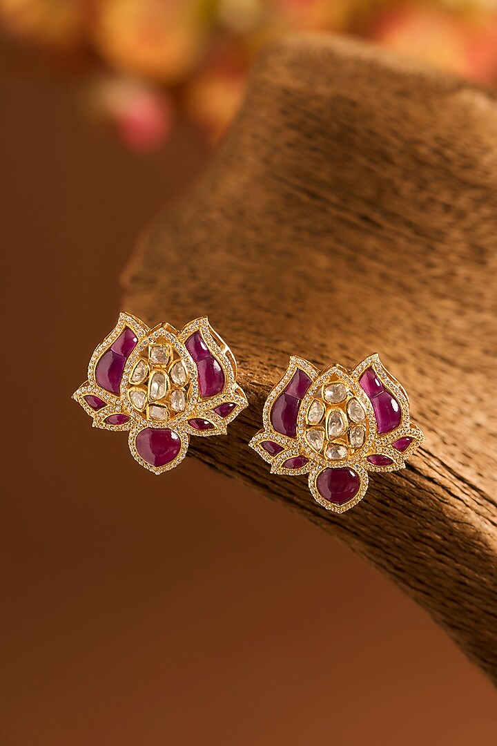 Yellow Gold Finish Moissanite Polki & Glass-Filled Ruby Stone Stud Earrings In Sterling Silver by STELLA CREATIONS at Pernia's Pop Up Shop