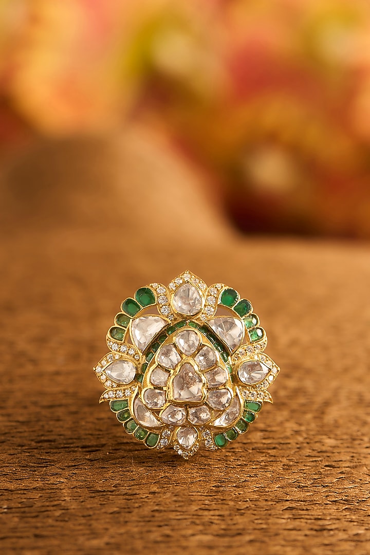 Yellow Gold Finish Moissanite Polki & Glass-Filled Emerald Stone Adjustable Ring In Sterling Silver by STELLA CREATIONS at Pernia's Pop Up Shop