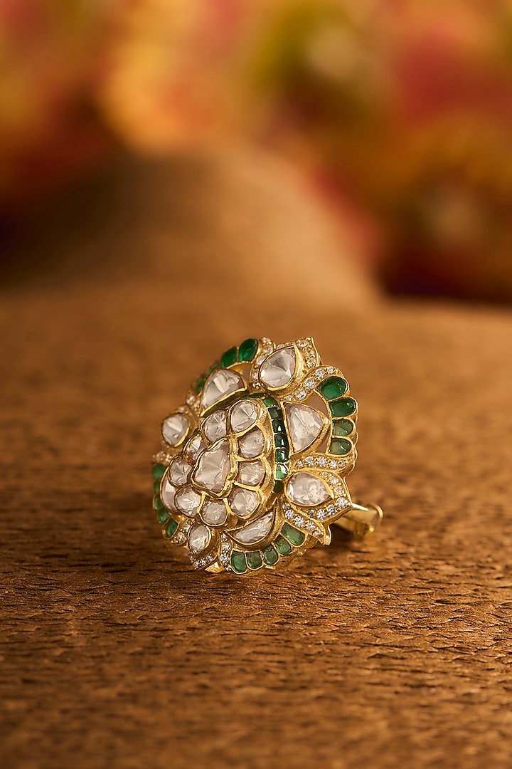 Yellow Gold Finish Moissanite Polki & Glass-Filled Emerald Stone Adjustable Ring In Sterling Silver by STELLA CREATIONS at Pernia's Pop Up Shop