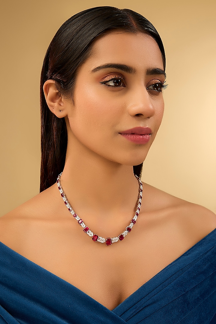 White Gold Finish Eurostar Zircon & Glass-Filled Ruby Necklace In Sterling Silver by STELLA CREATIONS at Pernia's Pop Up Shop