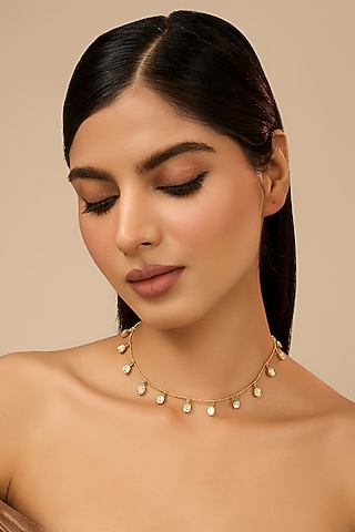 Yellow Gold Finish Moissanite Polki & Glass-Filled Emerald Stone Necklace In Sterling Silver by STELLA CREATIONS