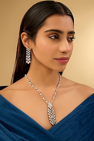 White Gold Finish Eurostar Zircon Necklace Set In Sterling Silver by STELLA CREATIONS