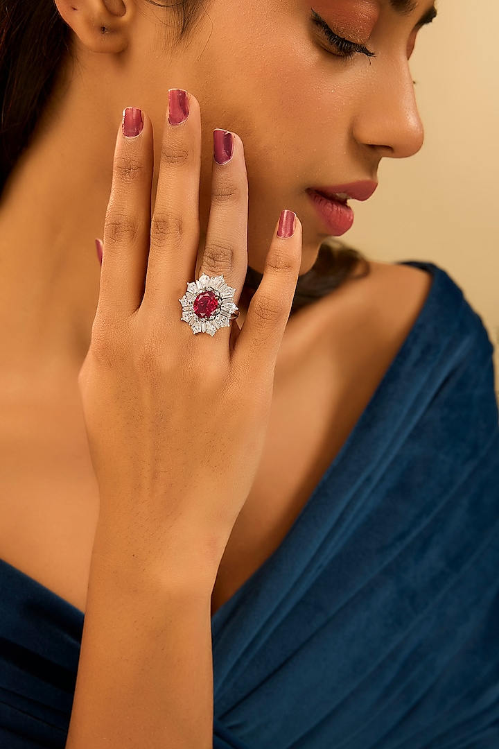 White Gold Finish Eurostar Zircon & Glass-Filled Ruby Stone Ring In Sterling Silver by STELLA CREATIONS at Pernia's Pop Up Shop