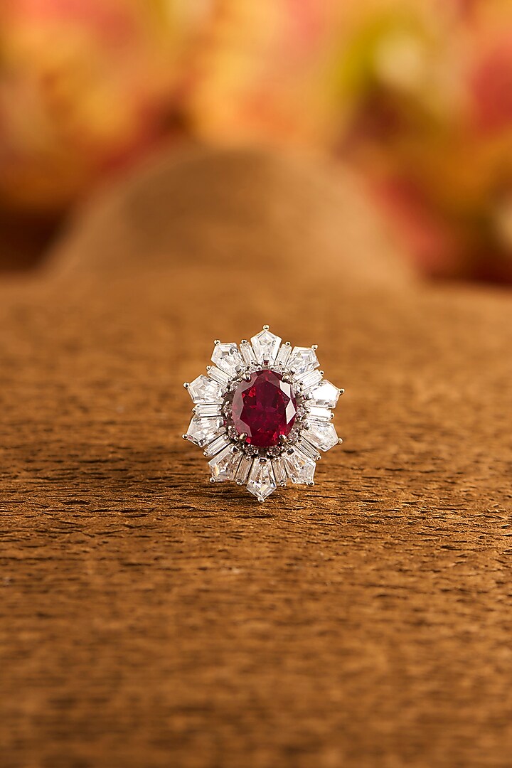 White Gold Finish Eurostar Zircon & Glass-Filled Ruby Stone Ring In Sterling Silver by STELLA CREATIONS at Pernia's Pop Up Shop