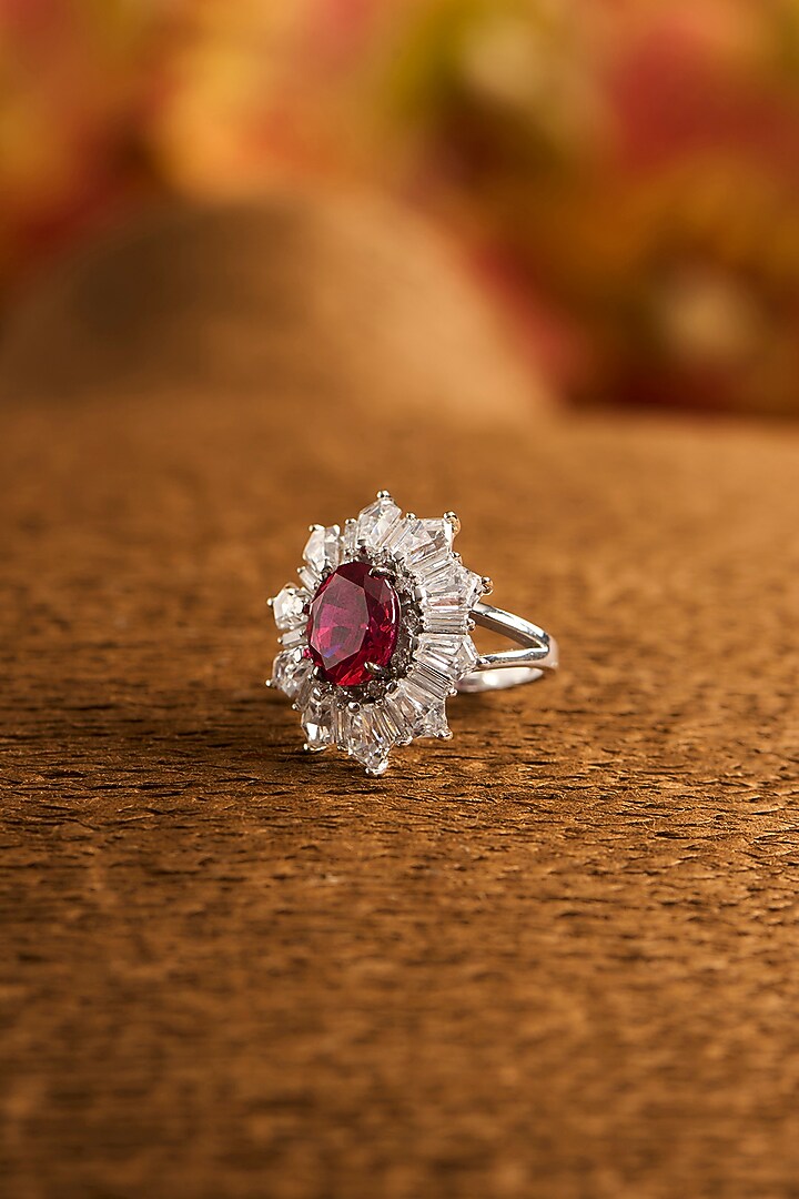 White Gold Finish Eurostar Zircon & Glass-Filled Ruby Stone Ring In Sterling Silver by STELLA CREATIONS at Pernia's Pop Up Shop