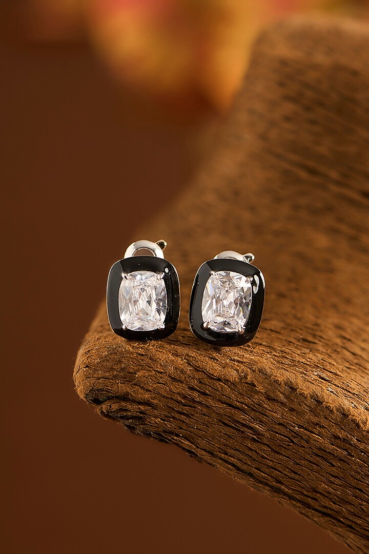 White Gold Finish Eurostar Zircon Black Enameled Stud Earrings In Sterling Silver by STELLA CREATIONS at Pernia's Pop Up Shop