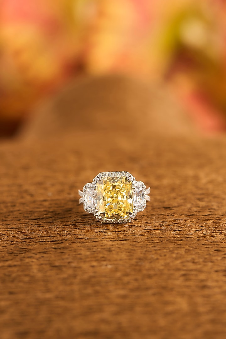 White Gold Finish Eurostar Zircon & Glass-Filled Yellow Sapphire Stone Ring In Sterling Silver by STELLA CREATIONS at Pernia's Pop Up Shop