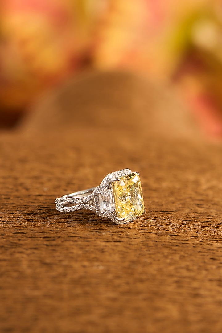 White Gold Finish Eurostar Zircon & Glass-Filled Yellow Sapphire Stone Ring In Sterling Silver by STELLA CREATIONS at Pernia's Pop Up Shop