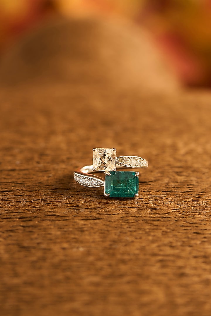 White Gold Finish Eurostar Zircon & Glass-Filled Emerald Stone Ring In Sterling Silver by STELLA CREATIONS at Pernia's Pop Up Shop