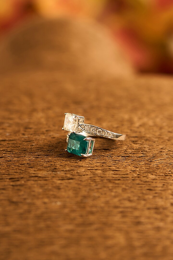 White Gold Finish Eurostar Zircon & Glass-Filled Emerald Stone Ring In Sterling Silver by STELLA CREATIONS at Pernia's Pop Up Shop