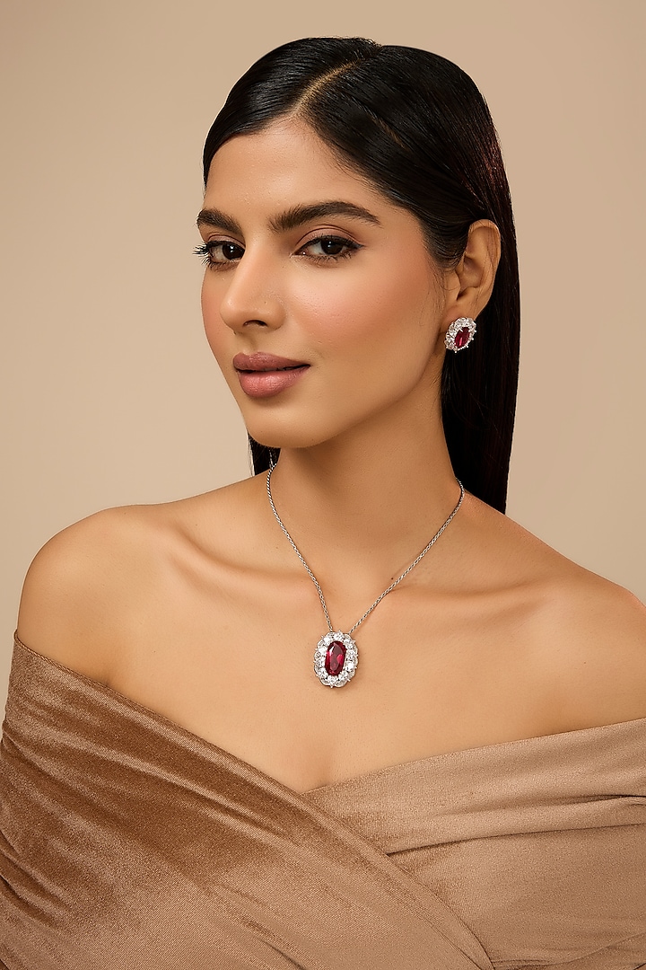 White Gold Finish Eurostar Zircon & Glass-Filled Ruby Stone Necklace Set In Sterling Silver by STELLA CREATIONS at Pernia's Pop Up Shop