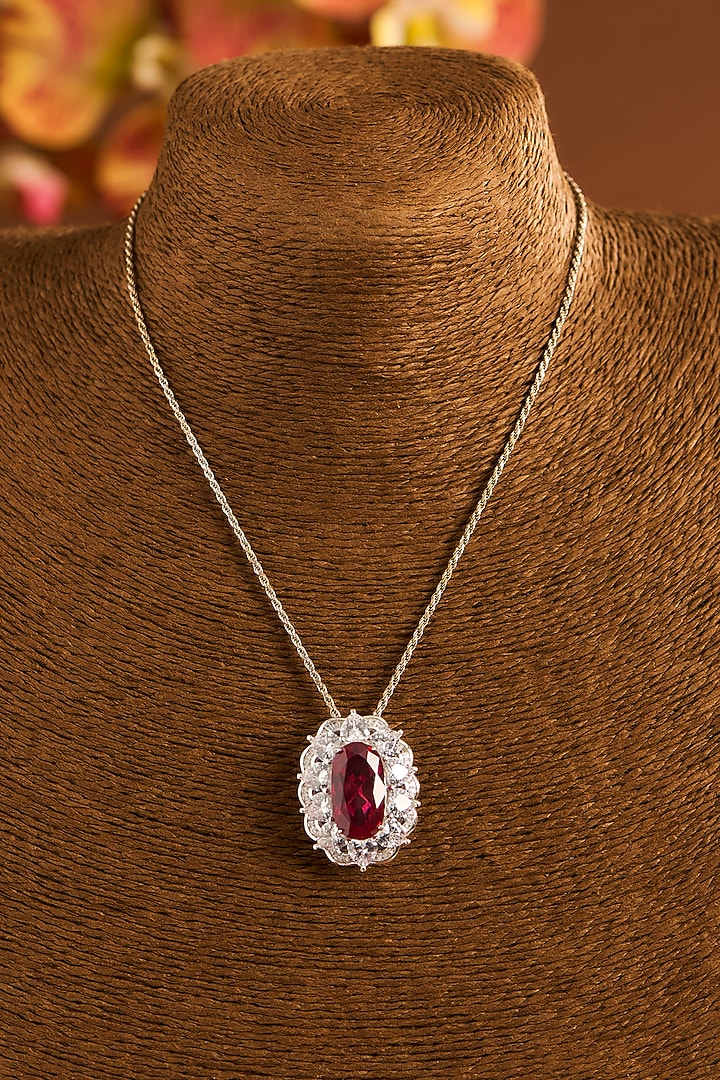 White Gold Finish Eurostar Zircon & Glass-Filled Ruby Stone Necklace Set In Sterling Silver by STELLA CREATIONS at Pernia's Pop Up Shop