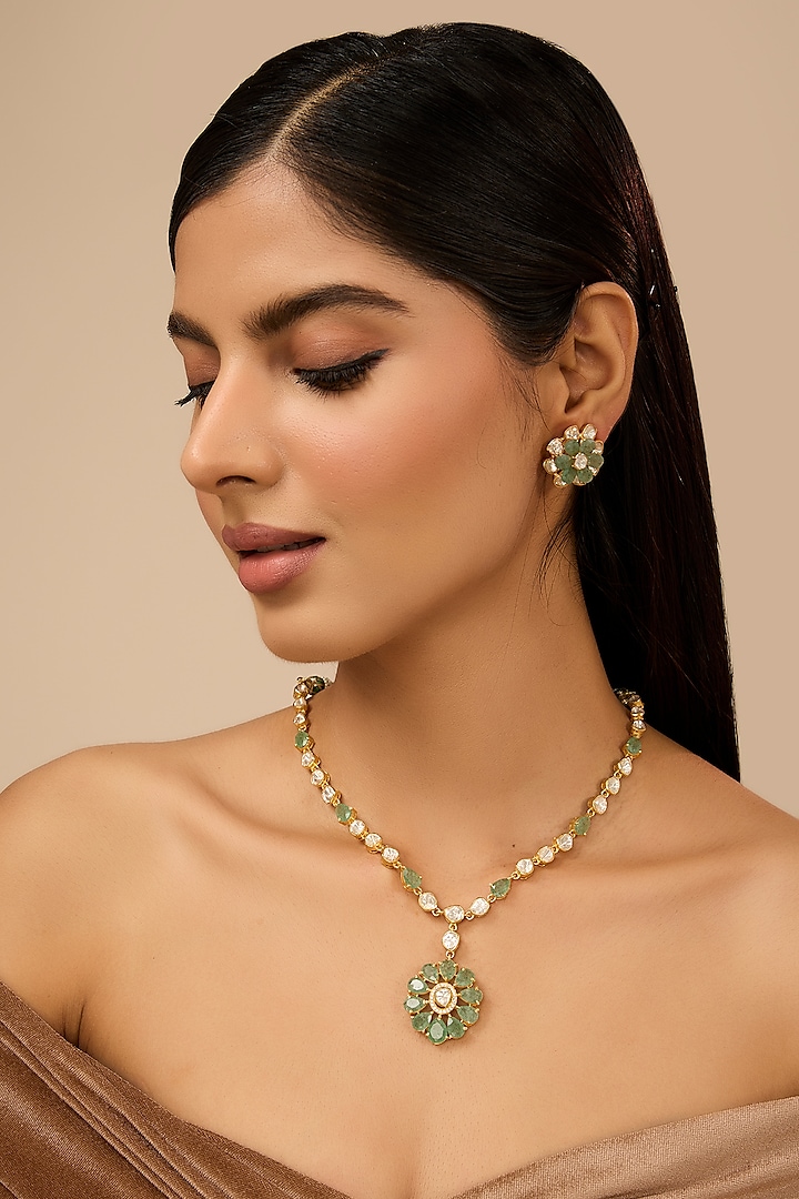 Yellow Gold Finish Eurostar Zircon & Glass-Filled Emerald Stone Necklace Set In Sterling Silver by STELLA CREATIONS at Pernia's Pop Up Shop