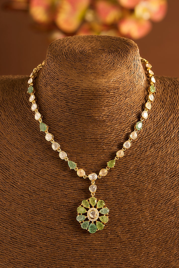 Yellow Gold Finish Eurostar Zircon & Glass-Filled Emerald Stone Necklace Set In Sterling Silver by STELLA CREATIONS at Pernia's Pop Up Shop