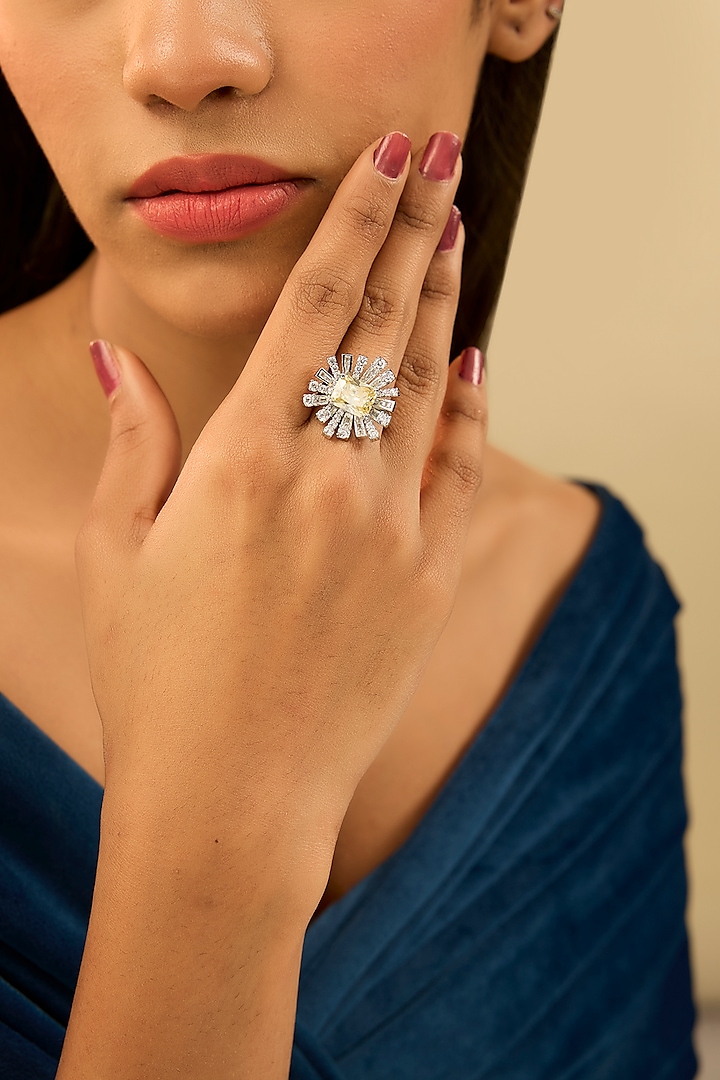 White Finish Eurostar Zircon & Glass-Filled Yellow Sapphire Stone Ring In Sterling Silver by STELLA CREATIONS at Pernia's Pop Up Shop