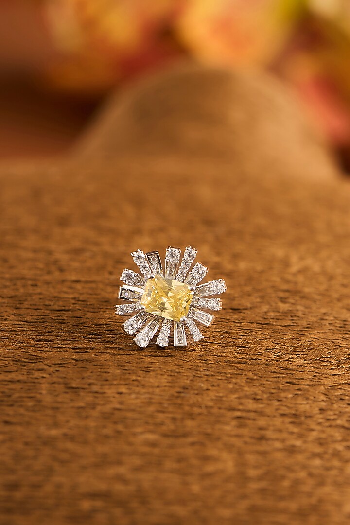White Finish Eurostar Zircon & Glass-Filled Yellow Sapphire Stone Ring In Sterling Silver by STELLA CREATIONS at Pernia's Pop Up Shop