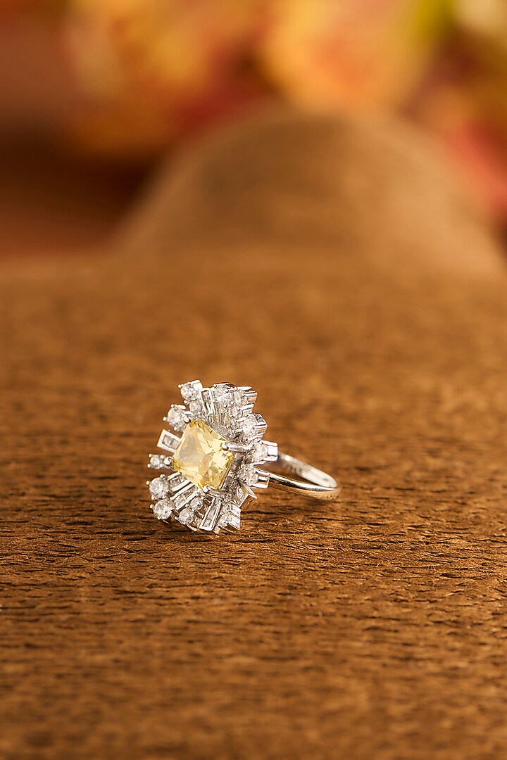White Finish Eurostar Zircon & Glass-Filled Yellow Sapphire Stone Ring In Sterling Silver by STELLA CREATIONS at Pernia's Pop Up Shop
