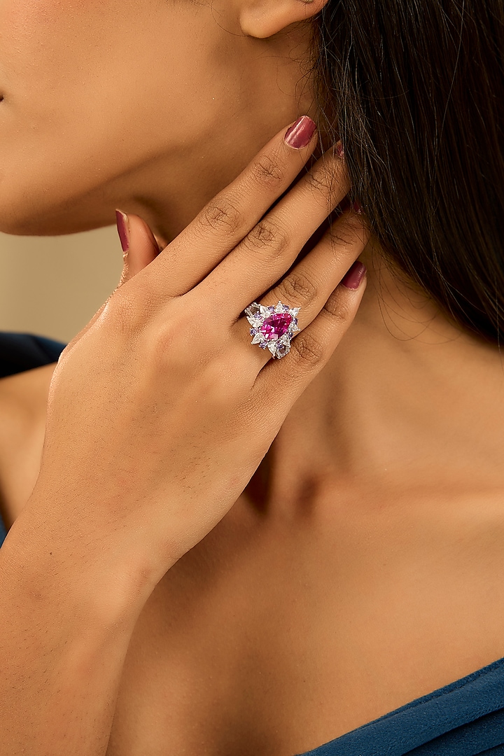 White Finish Eurostar Zircon & Glass-Filled Ruby Stone Ring In Sterling Silver by STELLA CREATIONS at Pernia's Pop Up Shop