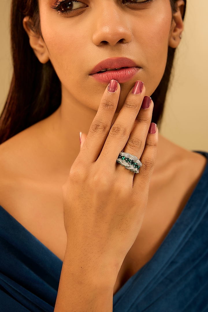 White Gold Finish Eurostar Zircon & Glass-Filled Emerald Ring In Sterling Silver by STELLA CREATIONS at Pernia's Pop Up Shop