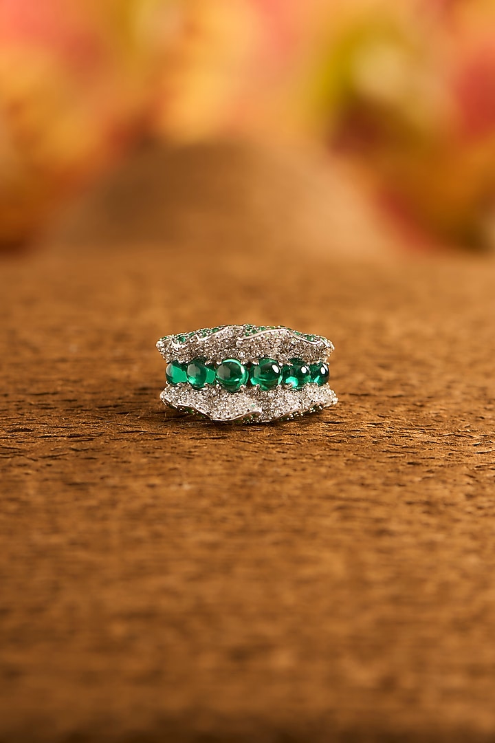 White Gold Finish Eurostar Zircon & Glass-Filled Emerald Ring In Sterling Silver by STELLA CREATIONS at Pernia's Pop Up Shop