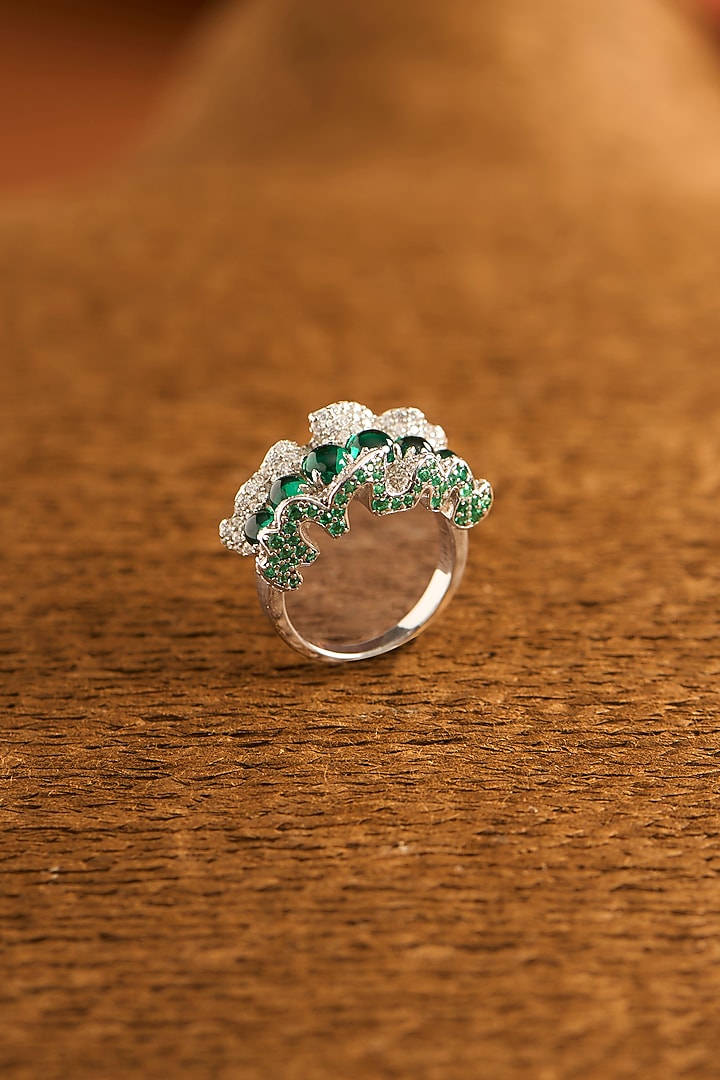 White Gold Finish Eurostar Zircon & Glass-Filled Emerald Ring In Sterling Silver by STELLA CREATIONS at Pernia's Pop Up Shop