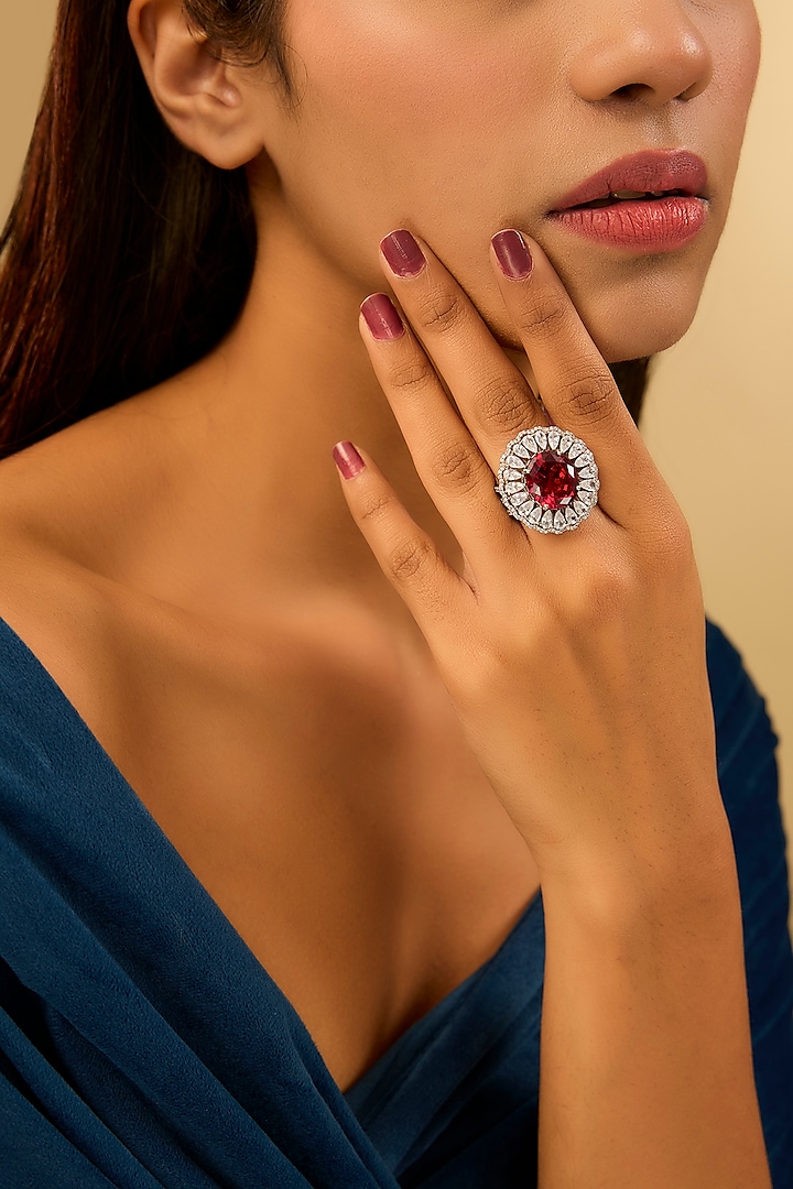 White Gold Finish Eurostar Zircon & Glass-Filled Ruby Ring In Sterling Silver by STELLA CREATIONS at Pernia's Pop Up Shop