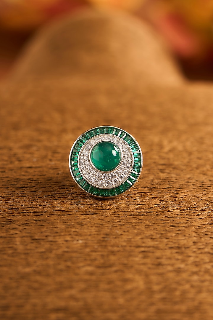 White Gold Finish Eurostar Zircon & Glass-Filled Emerald Ring In Sterling Silver by STELLA CREATIONS at Pernia's Pop Up Shop