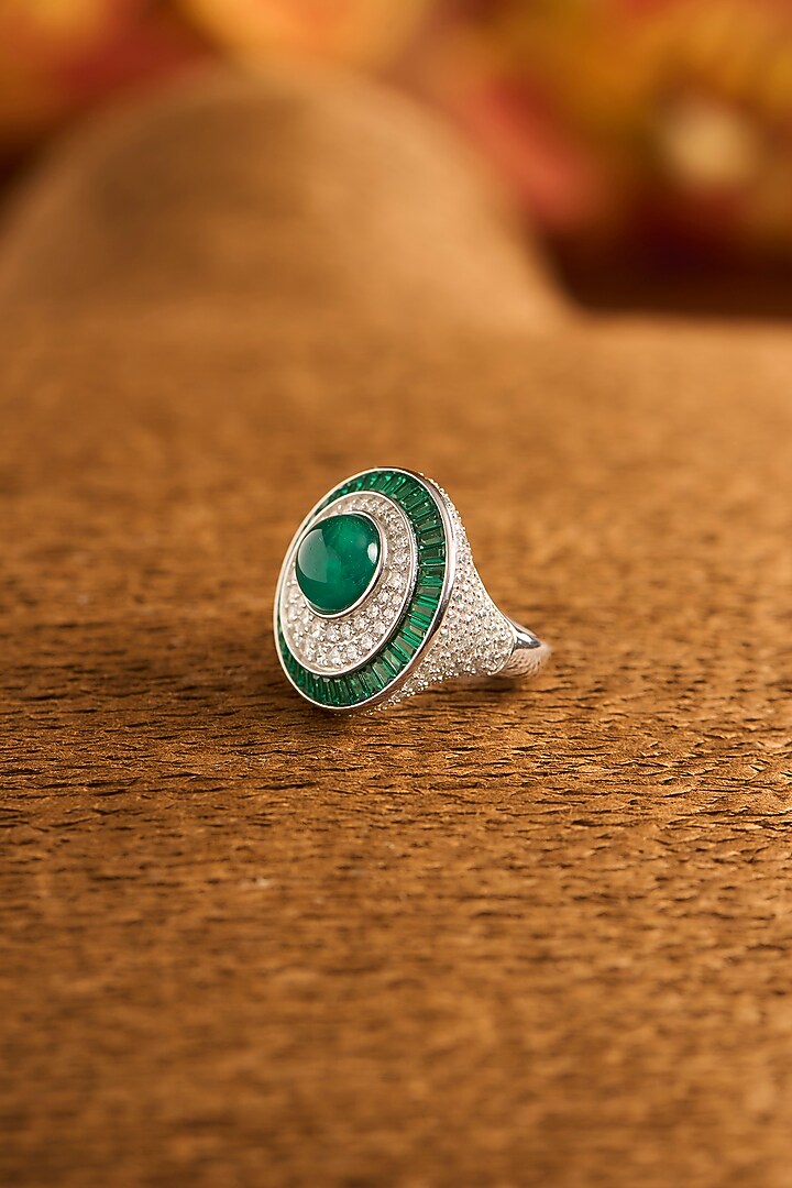White Gold Finish Eurostar Zircon & Glass-Filled Emerald Ring In Sterling Silver by STELLA CREATIONS at Pernia's Pop Up Shop