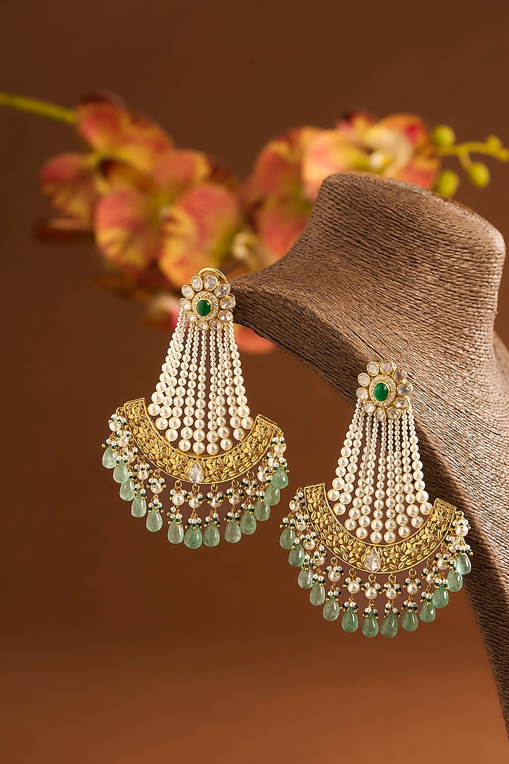 Yellow Gold Finish Moissanite Polki & Glass-Filled Emerald Chandbali Earrings In Sterling Silver by STELLA CREATIONS at Pernia's Pop Up Shop