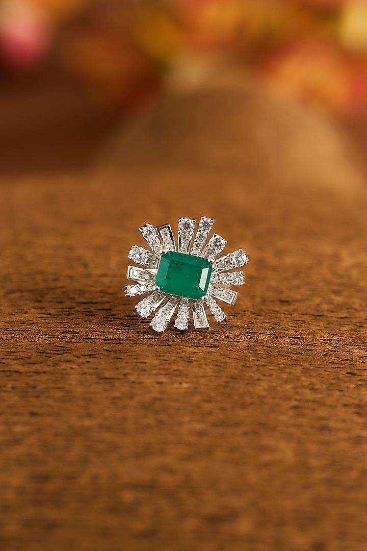 White Gold Finish Eurostar Zircon & Glass-Filled Emerald Ring In Sterling Silver by STELLA CREATIONS at Pernia's Pop Up Shop