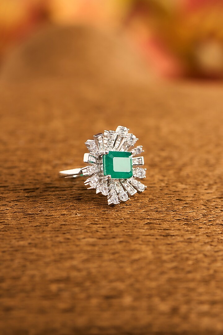 White Gold Finish Eurostar Zircon & Glass-Filled Emerald Ring In Sterling Silver by STELLA CREATIONS at Pernia's Pop Up Shop