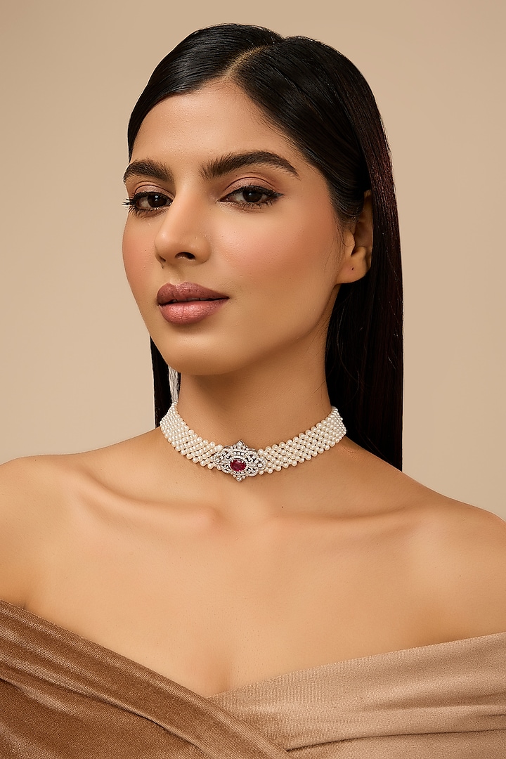 White Gold Finish Eurostar Zircon & Glass-Filled Ruby Necklace In Sterling Silver by STELLA CREATIONS at Pernia's Pop Up Shop