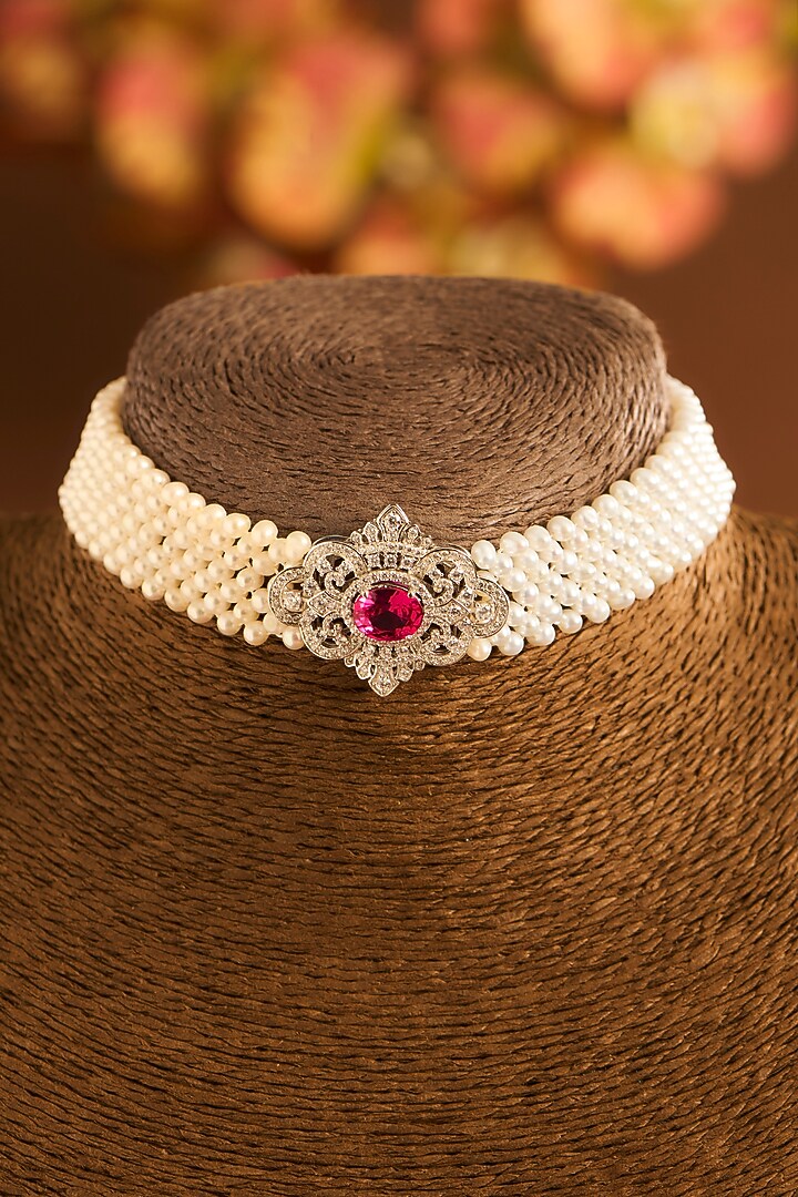 White Gold Finish Eurostar Zircon & Glass-Filled Ruby Necklace In Sterling Silver by STELLA CREATIONS at Pernia's Pop Up Shop
