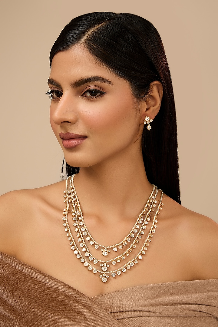 Yellow Gold Finish Moissanite Polki Layered Necklace Set In Sterling Silver by STELLA CREATIONS at Pernia's Pop Up Shop