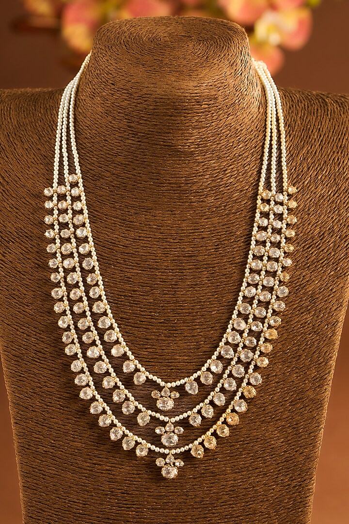 Yellow Gold Finish Moissanite Polki Layered Necklace Set In Sterling Silver by STELLA CREATIONS at Pernia's Pop Up Shop