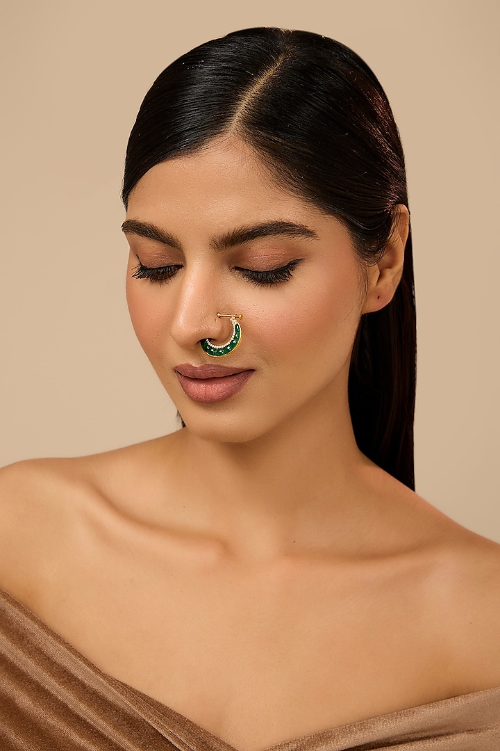 Yellow Gold Finish Moissanite Polki & Glass-Filled Emerald Nose Ring In Sterling Silver by STELLA CREATIONS at Pernia's Pop Up Shop