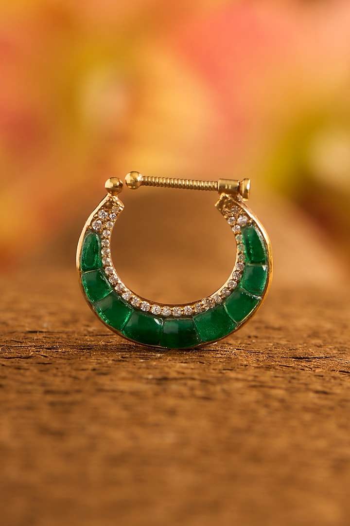 Yellow Gold Finish Moissanite Polki & Glass-Filled Emerald Nose Ring In Sterling Silver by STELLA CREATIONS at Pernia's Pop Up Shop