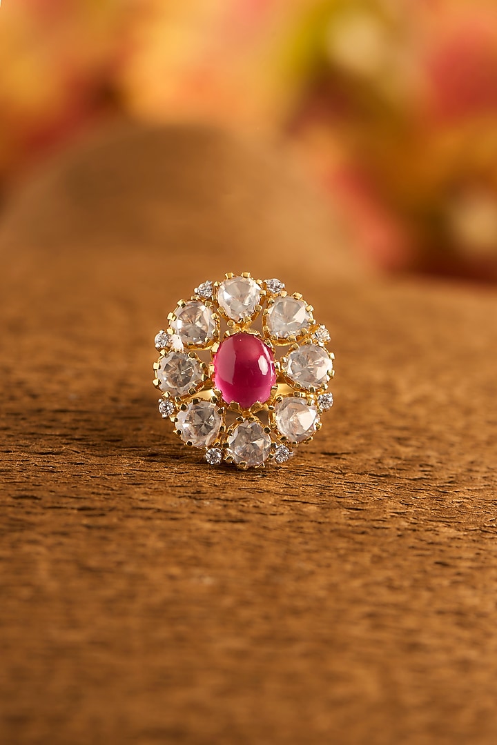 Yellow Gold Finish Moissanite Polki & Glass-Filled Ruby Ring In Sterling Silver by STELLA CREATIONS at Pernia's Pop Up Shop