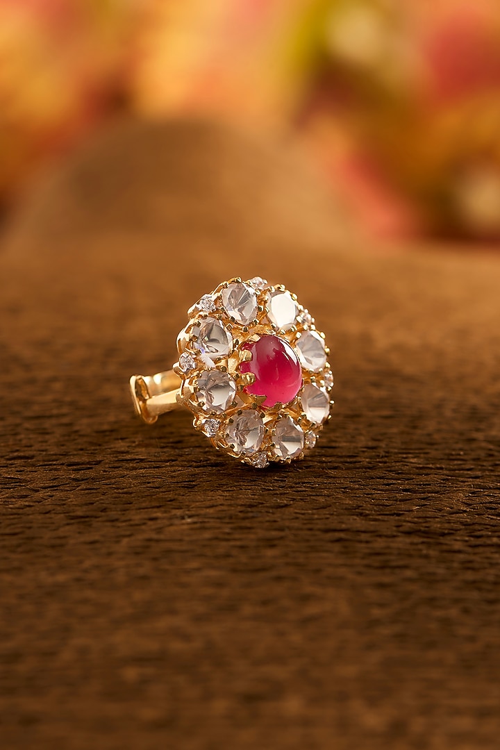 Yellow Gold Finish Moissanite Polki & Glass-Filled Ruby Ring In Sterling Silver by STELLA CREATIONS at Pernia's Pop Up Shop