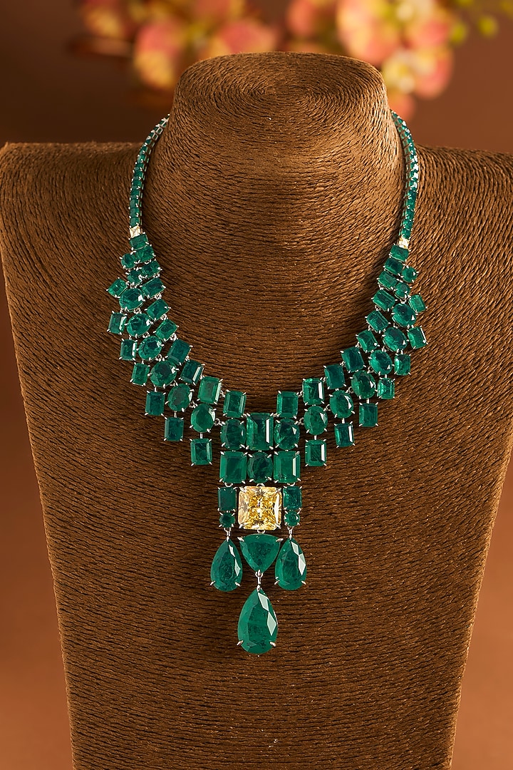 White Gold Finish Eurostar Zircon & Glass-Filled Emerald Necklace Set In Sterling Silver by STELLA CREATIONS at Pernia's Pop Up Shop