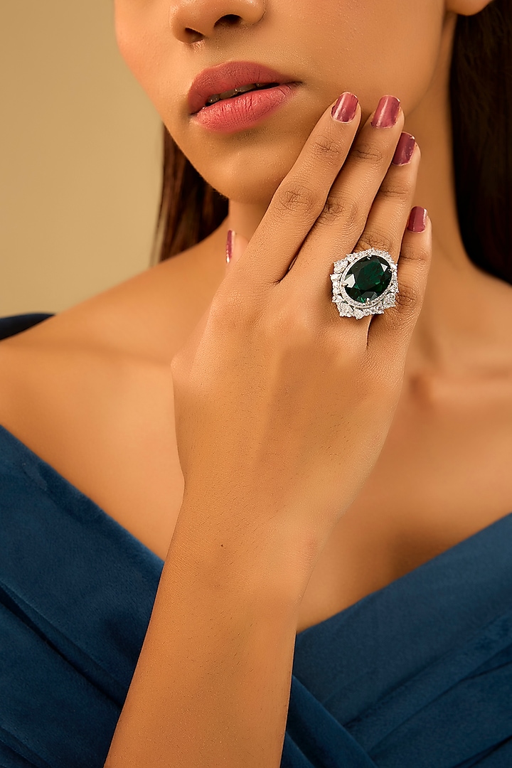 White Gold Finish Eurostar Zircon & Glass-Filled Emerald Ring In Sterling Silver by STELLA CREATIONS at Pernia's Pop Up Shop